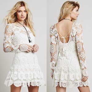 Free People Womens Cream Crochet Lace Boho Drop Waist Night Out Dress Size S